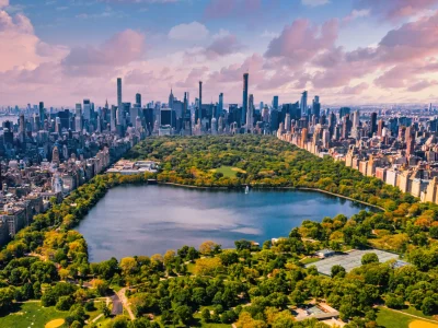 Central Park Manhattan New York Huge Beautiful Park Surrounded By Skyscraper With Pond